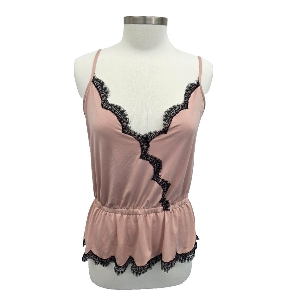 Adore Me Light‎ Pink Cami Top With Black Lace Trim Size M V-Neck Ruffled Peplum